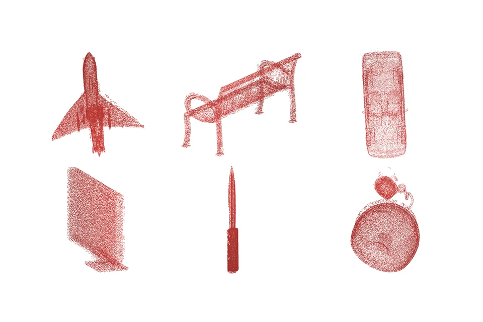 Completed ShapeNet point clouds: airplane, bench, car, display, knife and lamp.